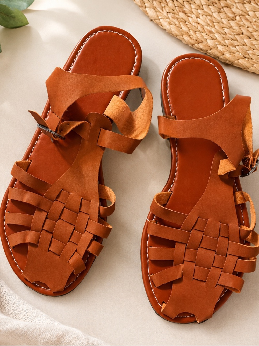SHEIN Woven Strappy Sandals in Cognac Brown